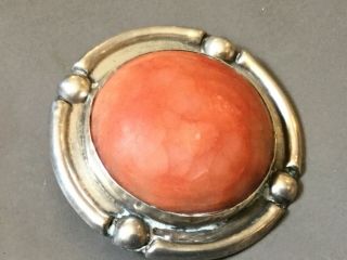 Mexican Sterling Silver Salmon Red Stone Brooch Pin Signed