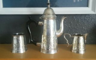 Antiquie / Vintage Edwardian Silver Plated Coffee Pot With Cream Jug & Sugar Bow