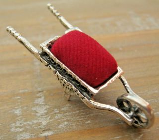 Novelty Antique Style Solid Silver Wheelbarrow Pin Cushion - Red Velvet