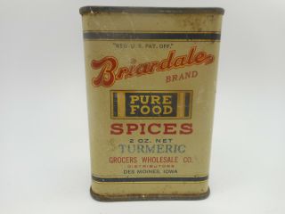 Vintge Briardale Turmeric Spice 2 Oz Tin Can Advertising Des Moines Ia Iowa