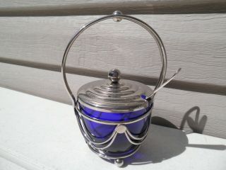 Vintage Art Deco Silverplate And Cobalt Glass Sugar Bowl With Spoon