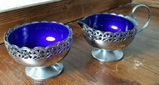 Vintage Cobalt Blue Glass Liner Dish Basket Bon Bon Sugar Bowl & Milk Jug X92