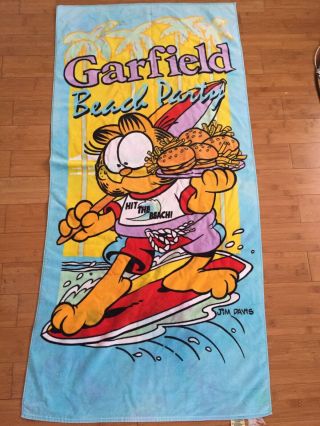 Vintage 1978 Garfield Cat Beach Party Surfer Swim Towel Cotton Cartoon 80s