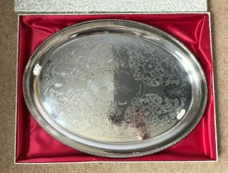 Very Large Oval Hand - Engraved Silver Plated Tray In Presentation Box