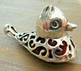 Pretty Antique Style Solid Silver Pierced Duck Pin Cushion Red Velvet