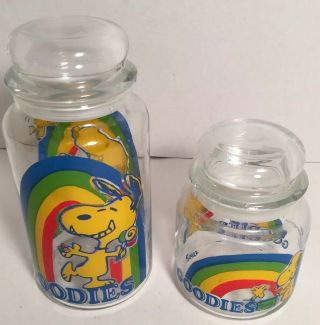 Set Of 2 - Peanuts Snoopy " Goodies " Canisters 1965 Vintage - Covered Glass Rainbows