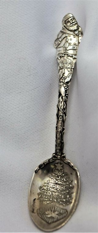 Vintage Merry Christmas Tree Santa Demitasse Sterling Silver Souvenir Spoon 4 "