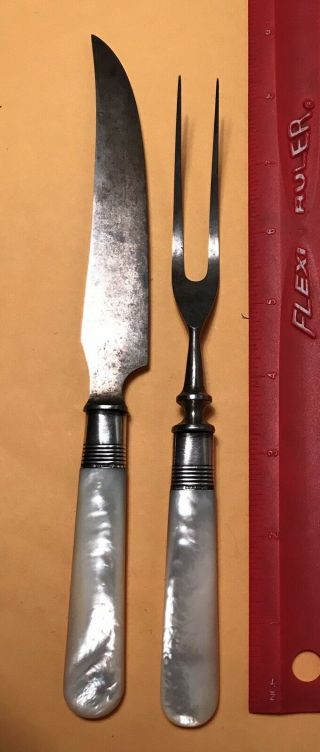 Vintage Universal L.  F.  & C Knife Fork Set Mother Of Pearl - Handled Sterling