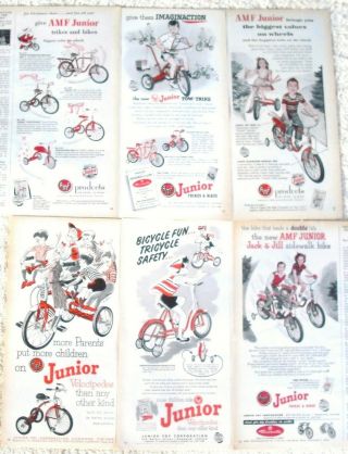 6 Vintage Amf Junior Bicycle Ads 1953 1954 Bike Trike Tricycle Mid - Century 1950s