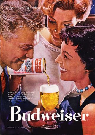 1957 Man & 2 Women Photo Budweiser Beer Promo Ad