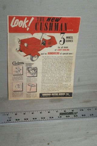Rare 1950s Cushman 3 Wheels Series Scooter Brochure Dealership Add Bike Gas
