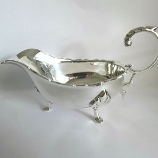 Heavy Vintage Silver Plate Gravy Sauce Boat C Scroll Handle 3 Pad Feet Gleaming