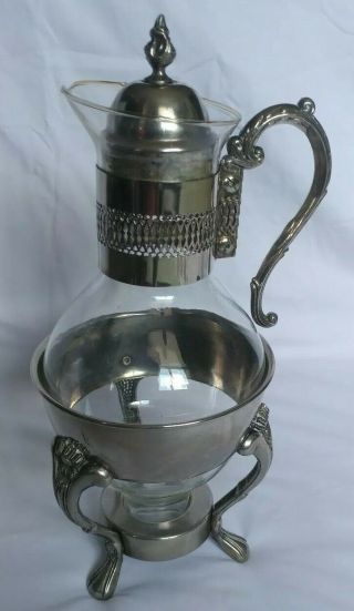 Vintage Corning Silver Plated Footed Blown Glass Coffee Tea Carafe Pot & Warmer