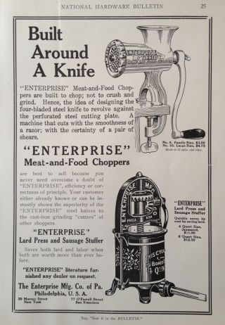 1918 Ad.  (xd13) Enterprise Mfg.  Co.  Phil. ,  Pa.  Meat Choppers And Sausage Stuffer