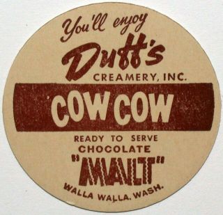 Vintage Milk Bottle Cap Duffs Creamery Cow Cow Chocolate Walla Walla Washington