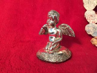 Vintage Silverplate Angel Cherub Cupid Ring Holder With Blue Velvet Base