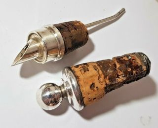 2 Antique Silver Plated Bottle Stopper & Pourer With Corks