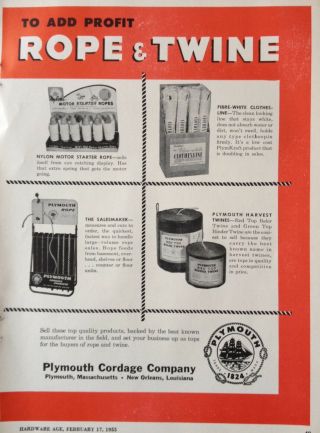 1955 Ad.  (xd17) Plymouth Cordage Co.  Plymouth,  Mass.  Rope And Twine