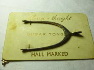 Antique Silver Wishbone Sugar Tongs On Card Birmingham 1945