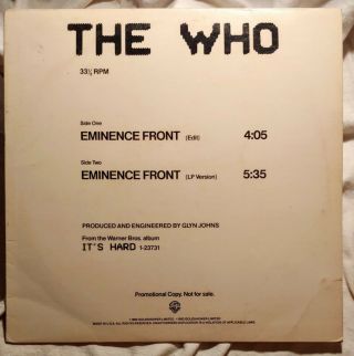 The Who - Eminence Front Warner Bro Single Pro - A - 1087 33rpm Vinyl Record - Promo