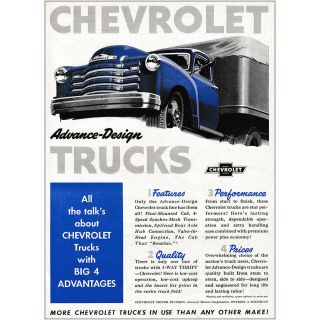 1949 Chevrolet Trucks: Advance Design Vintage Print Ad