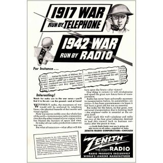 1942 Zenith: 1942 War Run By Radio Vintage Print Ad