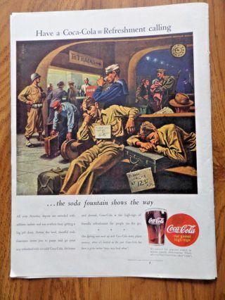 1944 Coke Coca - Cola Ad Soda Fountain Train Station 1944 Kinsey Whiskey Ad Skiing