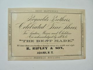 1880 ' s Reynolds Bros.  Shoes,  Utica,  N.  Y.  Trade Card w/ Adams Dealer (No.  9) 2