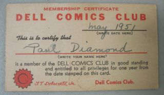 1951 Dell Comics Club Membership Certificate Tom & Jerry Lone Ranger Little Lulu