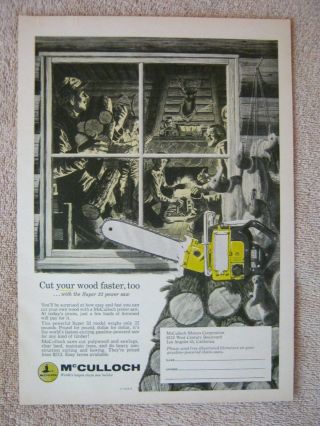 Vintage 1956 Mcculloch 33 Chain Saws Cut Wood Faster Cabin Art Print Ad
