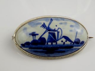 Vintage Antique Silver Blue White Delft? Brooch Pin C Clasp
