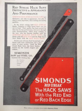 Vintage 1930 Ad (f18) Simonds Saw And Steel Co.  Fitchburg,  Mass.  Hack Saw Blades