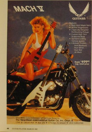 1985 Dean Mach V Guitars With Harley Davidson Motorcycle Print Ad