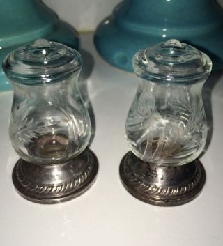 Vintage Quaker Silver Sterling Weighted Etched Glass Salt & Pepper Shakers 703