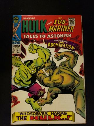 Tales To Astonish 91 F,  Hulk/sub - Mariner,  1st Abomination C,  Marvel Comics 1967