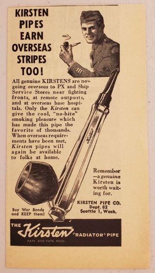 1945 Print Ad Kirsten " Radiator " Pipes Soldier Smokes Pipe Seattle,  Washington