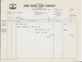 (5) John Deere Plow Co.  - Baltimore,  Md - Invoices - 1948