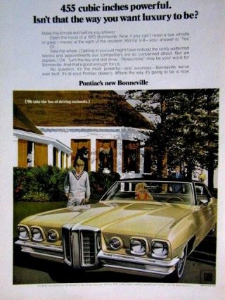 1970 Pontiac Bonneville Print Ad 455 Cu Of Power 8.  5 X 10.  5 "