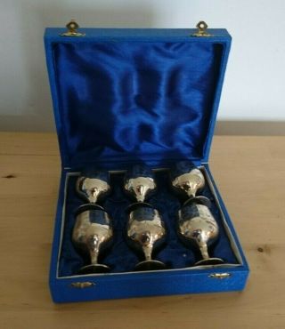 Cased Set Of Silver Plated Goblets Glasses Hand Etched Epns 7cms Vintage Cups