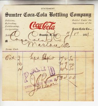 Sumter Coca - Cola Bottling Co.  Statement Dated 11/11,  1911 108 Years Old