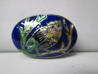 Vintage Colored Enameled Owl Sterling Silver Oval Shaped Small Pill Box
