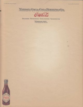 The Marion Coca - Cola Bottling Co.  Letterhead Not Dated 1910 - 1919