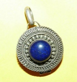 Vintage " 925 " Sterling Silver W/ Blue Lapis " Pill Box " Ornate Design Pendant