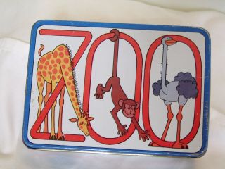 Zoo Animals Metal Tin By J.  S.  N.  Y.  5 5/8 " X 4 " Girraffe,  Monkey,  Ostrich,  Hippo