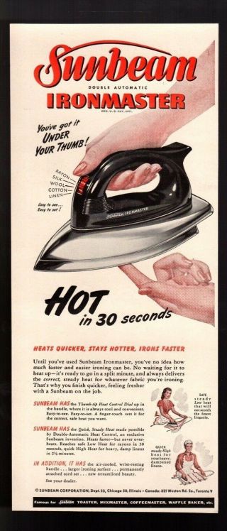 1949 Vintage Print Ad Sunbeam Double Automatic Ironmaster Iron