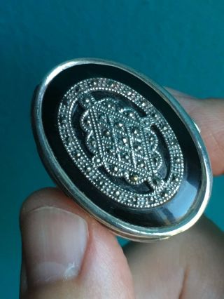 Silver Hinged Oval Pill Box With Marcasite