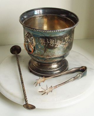 Silver Plated Pot With Lion Head Handle Rings And Set Of Tongs With Spoon