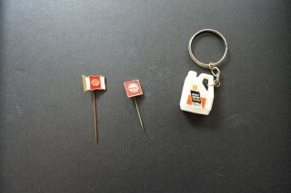 1960s Shell Logo Pins (2) & Shell Plus Oil Gas Can Keychain - Vintage