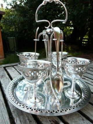 Antique Vintage Silver Plate 4 Egg Cup Breakfast Set By Nathan & Co Birmingham.