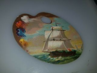Antique Victorian Trade Card Art Pallette With Sail Boat 1880s